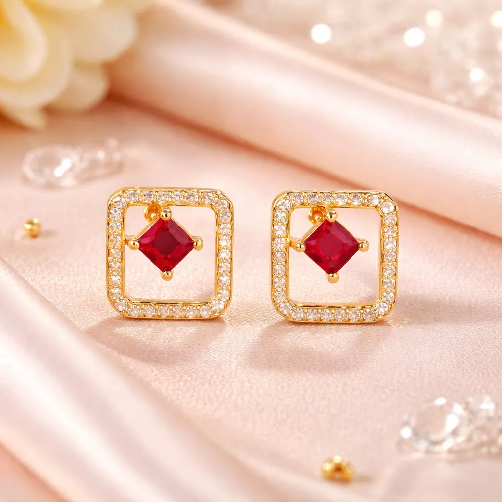Elegant gold and ruby square halo stud