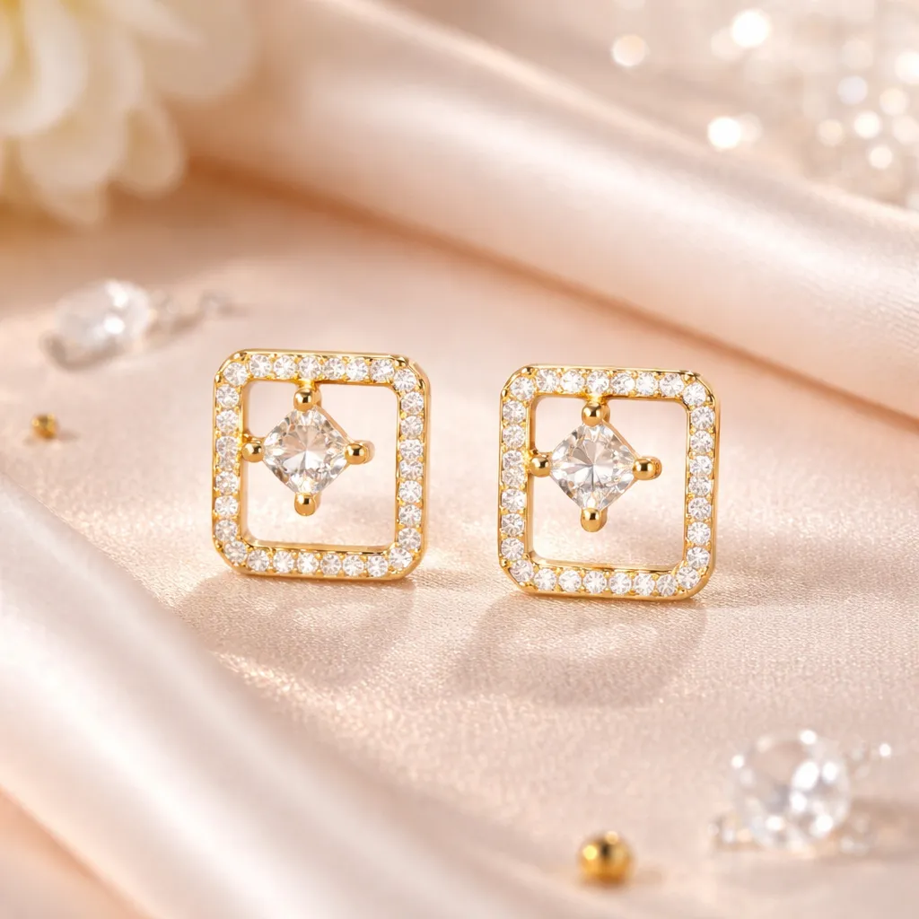 gold plated silver stone square halo studs