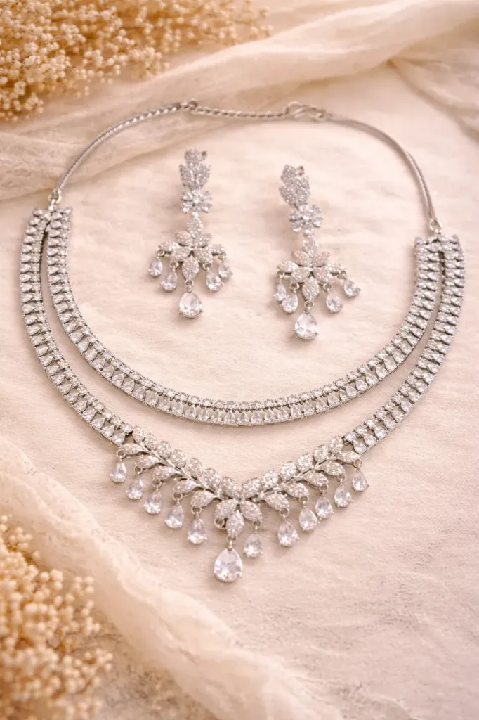 Silver Dewdrop Floral Necklace Set