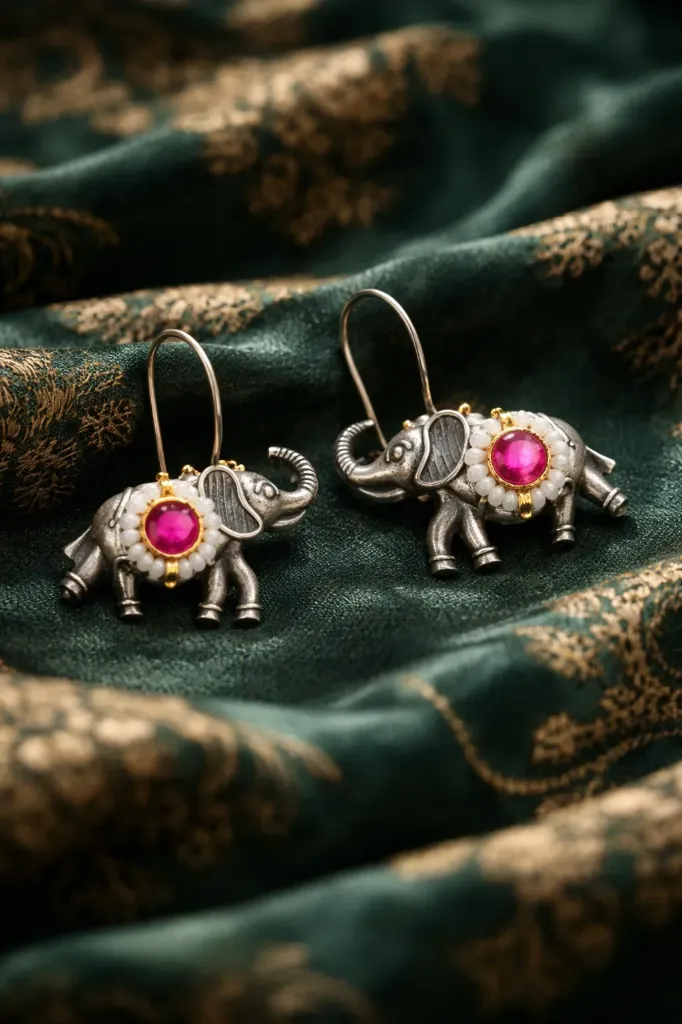 Royal Elephant Charm Drop Earrings with Ruby Accent