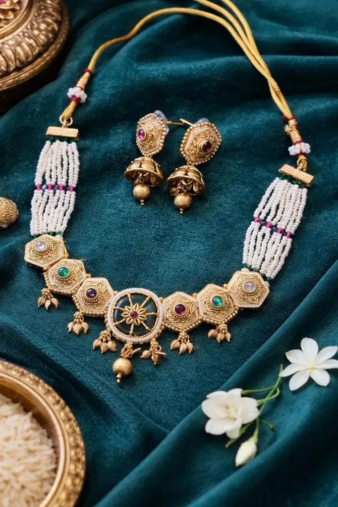 Traditional Temple Choker Necklace Set with Pearls & Multicolor Stones