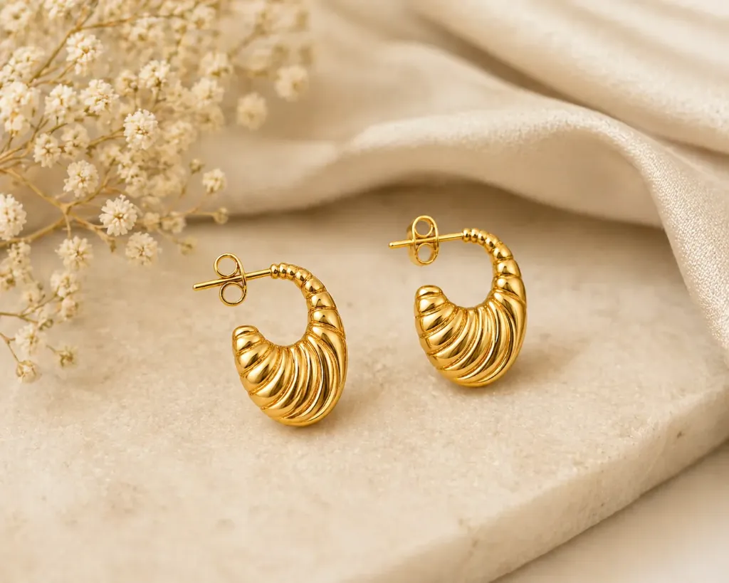 Gold Ribbed Hoop Earrings