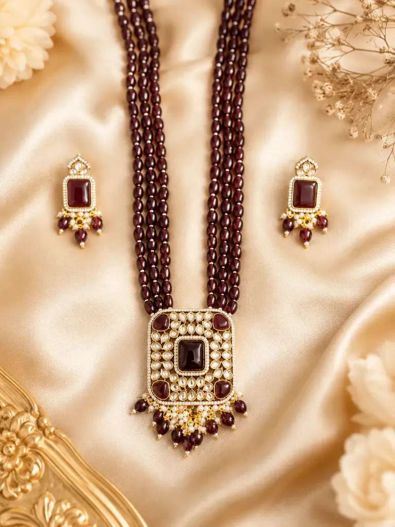 Royal Maroon Kundan Beaded Long Necklace Set