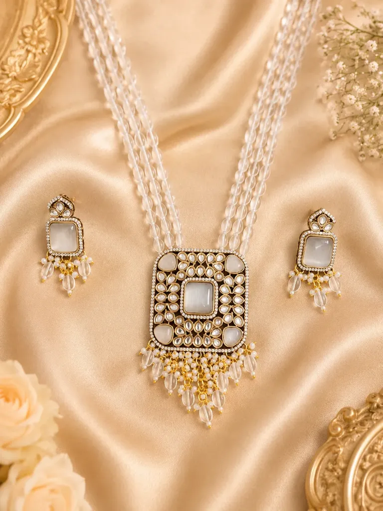 Elegant White Crystal Beaded Kundan Long Necklace Set