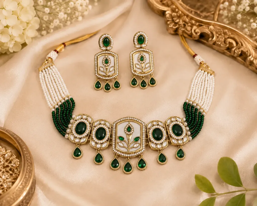 Royal Emerald Pearl Choker Necklace Set
