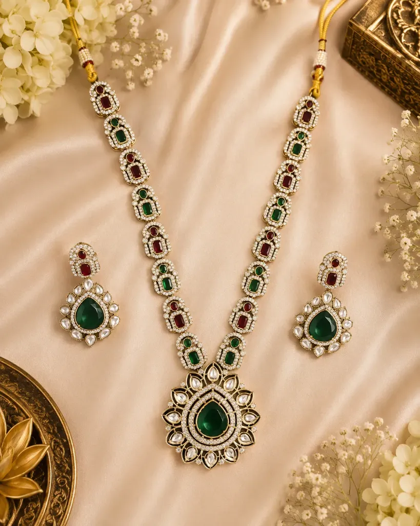 Royal Emerald & Ruby Kundan Long Necklace Set