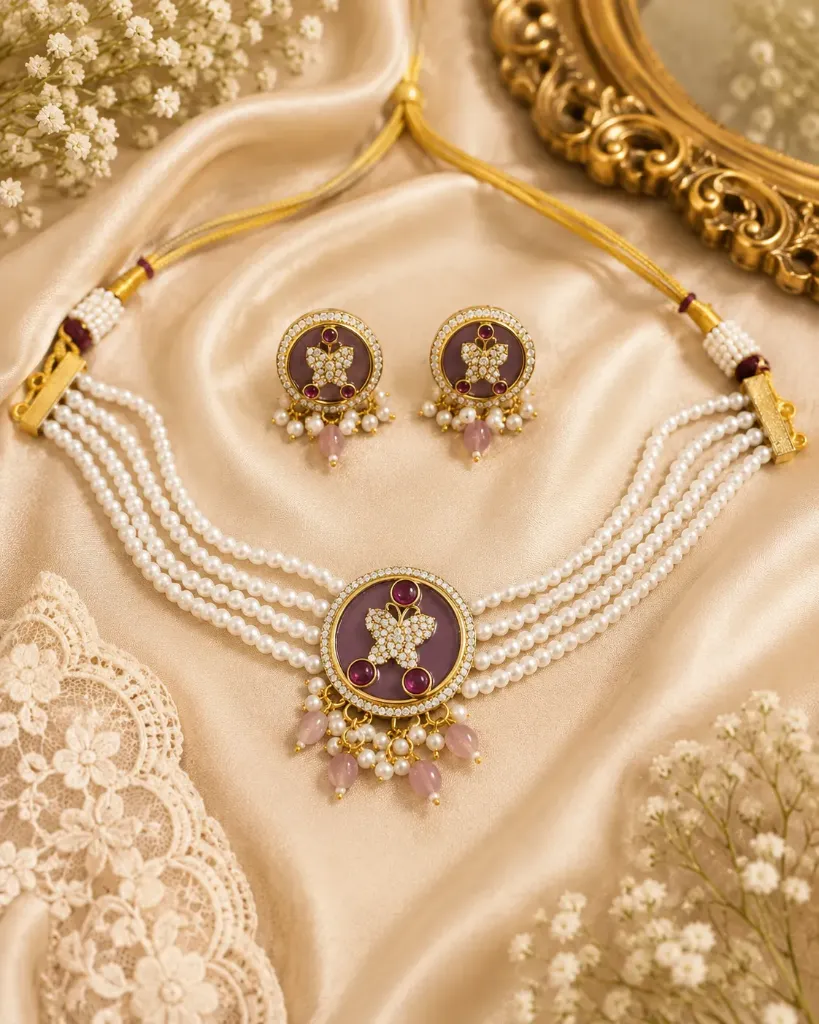Elegant Butterfly Pearl Choker Necklace Set