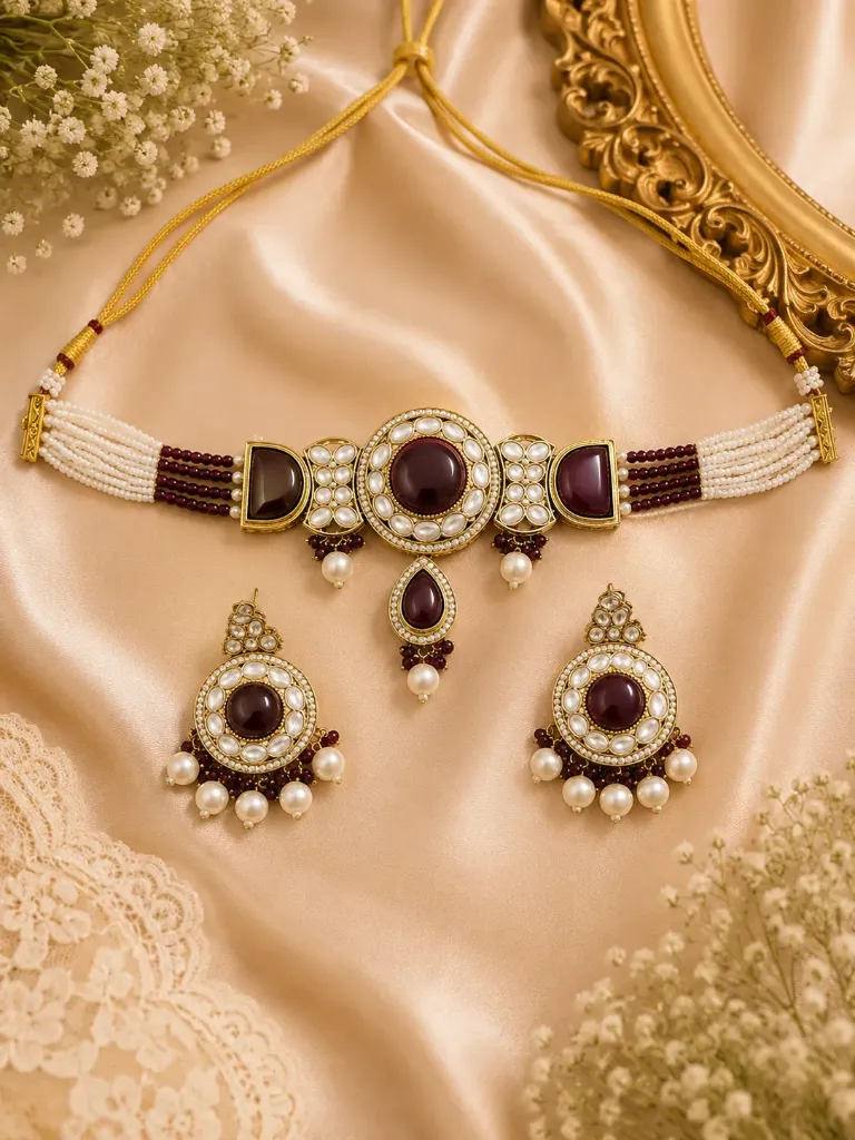 Royal Maroon Pearl Kundan Choker Necklace Set