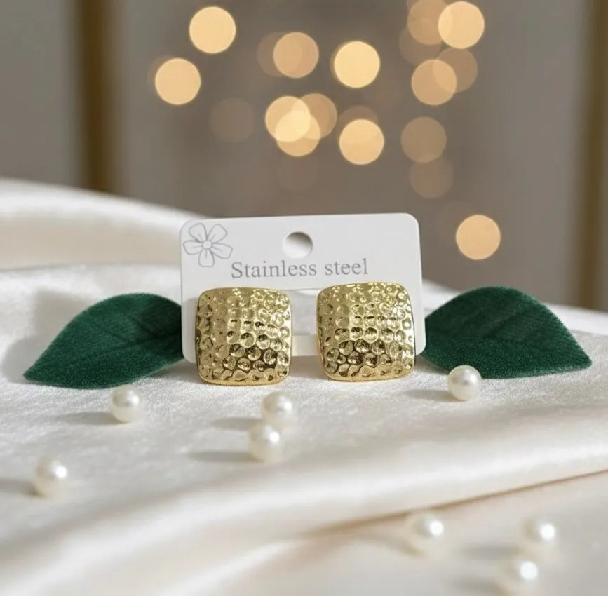 Gold-Toned Textured Square Studs