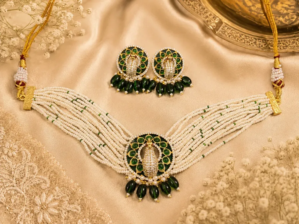 Emerald Pearl Choker Necklace Set