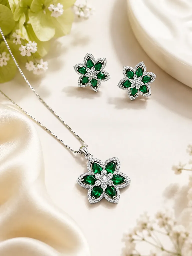 Emerald Bloom Floral Pendant & Stud Earrings Set