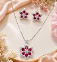 Ruby Red Floral Pendant & Stud Earrings Set