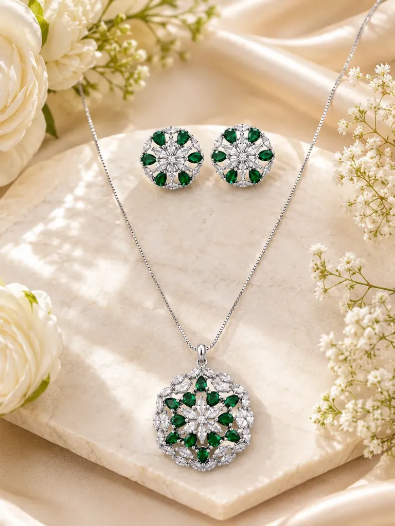 Emerald Snowflake Pendant Necklace Set with Stud Earrings