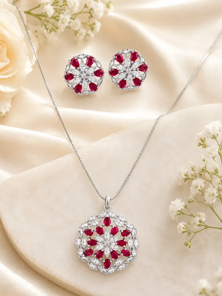 Ruby Snowflake Pendant Necklace Set with Stud Earrings