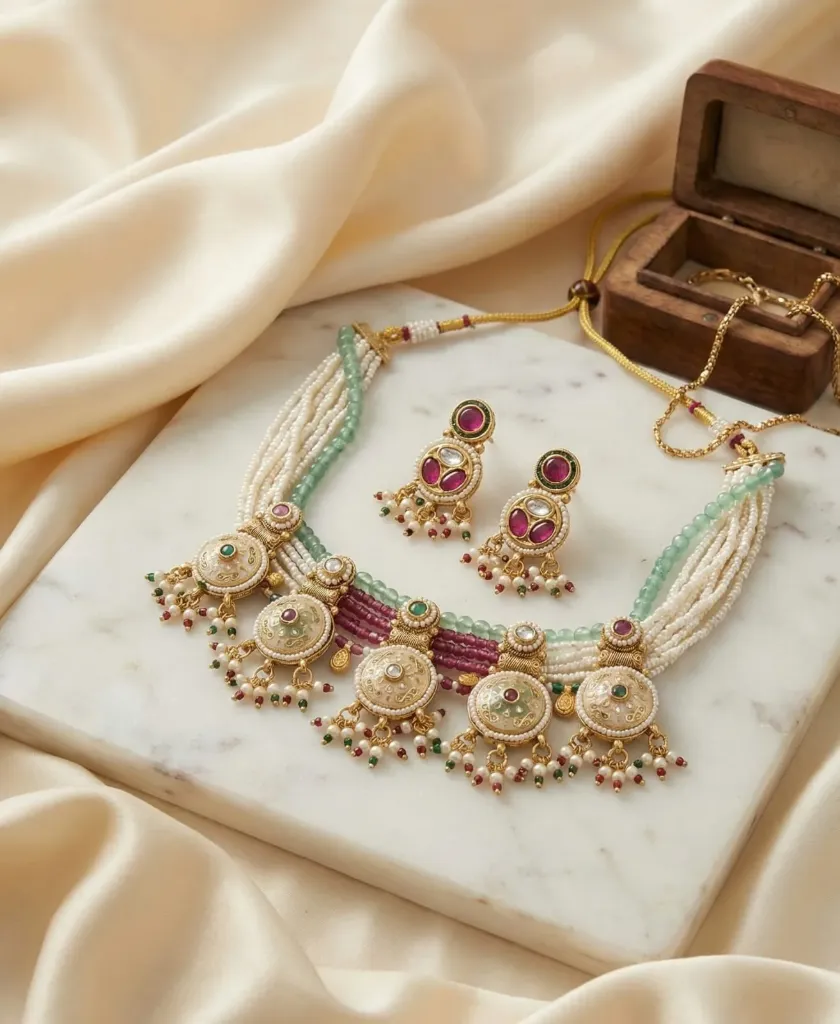 Rajwadi Pearl Kundan Necklace Set