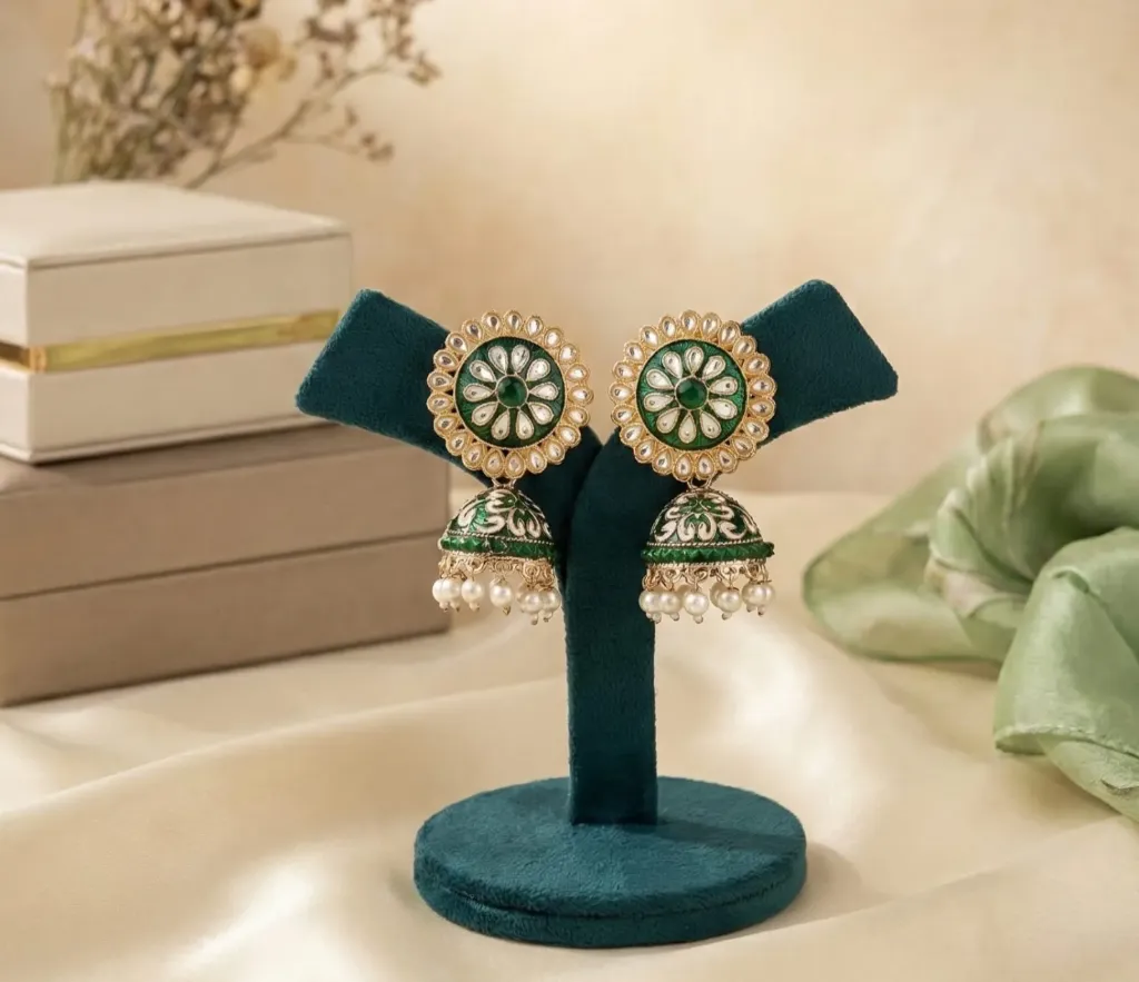 Meenakari Jhumka Earrings (Green)