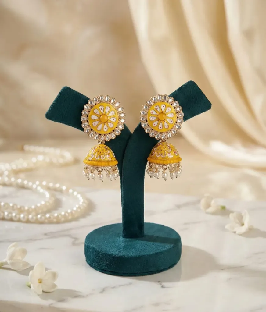 Meenakari Jhumka Earrings (Yellow)