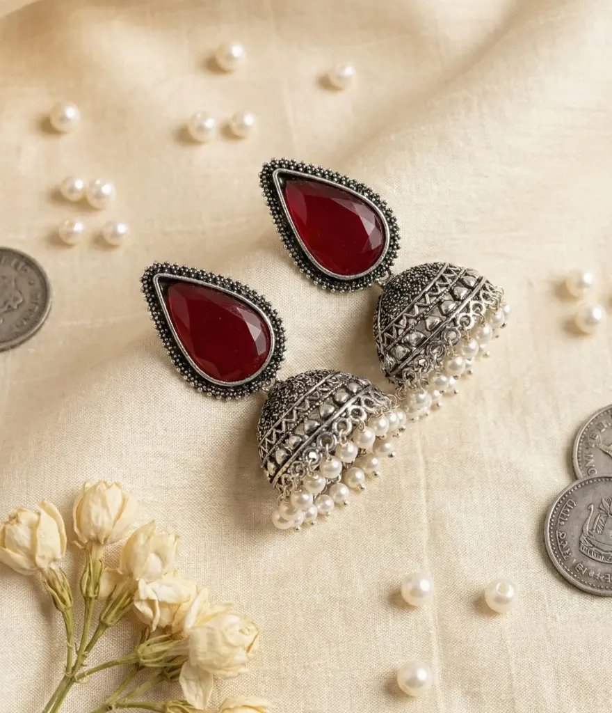 Ruby Teardrop Oxidised Jhumka Earrings